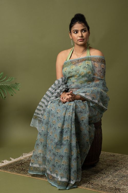 ICH Light & Breezy. Sanganeri Hand Block Printed Kota Doria - Teal Flora