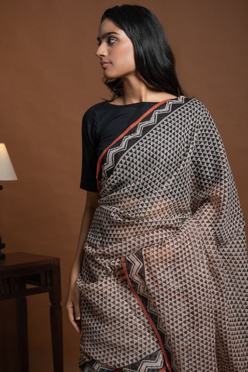 ICH Light & Breezy Bagru Hand Block Printed Kota Doria Saree - Black Triangles