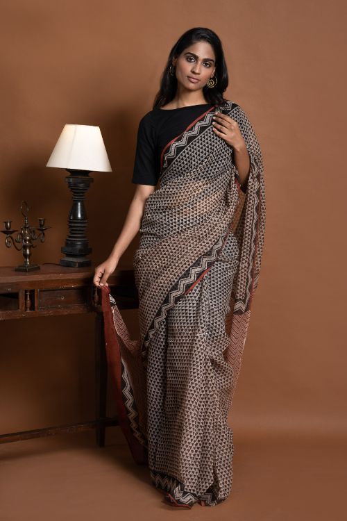 ICH Light & Breezy Bagru Hand Block Printed Kota Doria Saree - Black Triangles