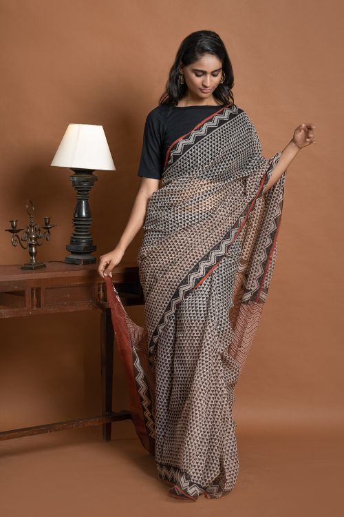 ICH Light & Breezy Bagru Hand Block Printed Kota Doria Saree - Black Triangles