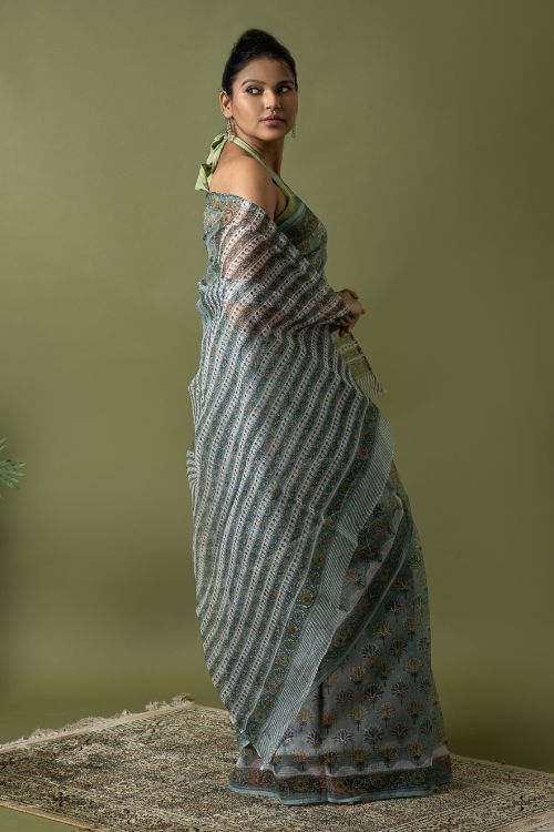ICH Light & Breezy. Sanganeri Hand Block Printed Kota Doria - Teal Flora