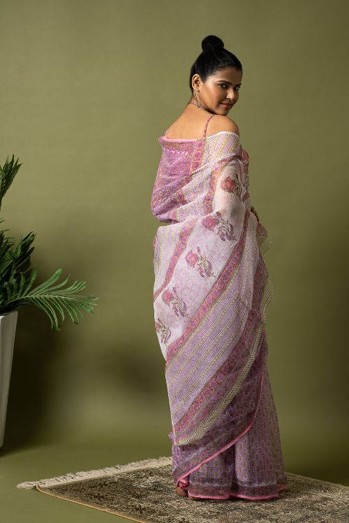 ICH Light & Breezy. Sanganeri Hand Block Printed Kota Doria - Mauve Flora