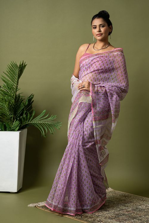 ICH Light & Breezy. Sanganeri Hand Block Printed Kota Doria - Mauve Flora