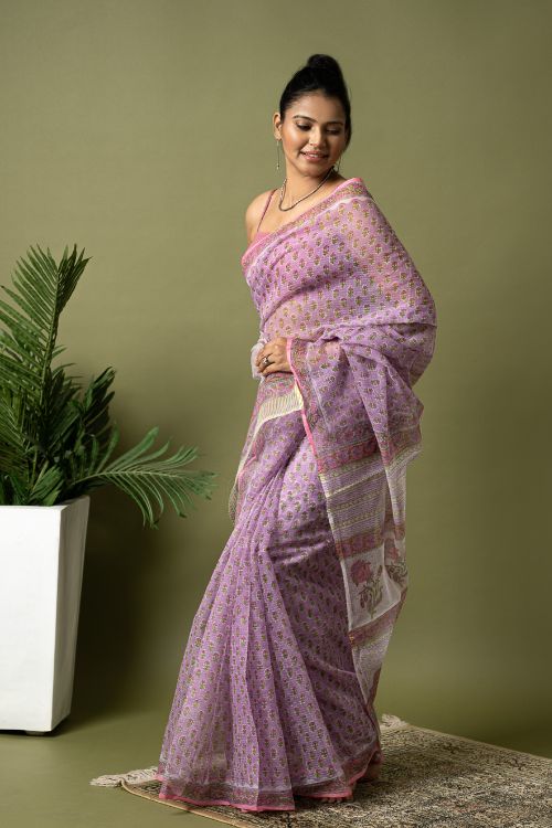 ICH Light & Breezy. Sanganeri Hand Block Printed Kota Doria - Mauve Flora