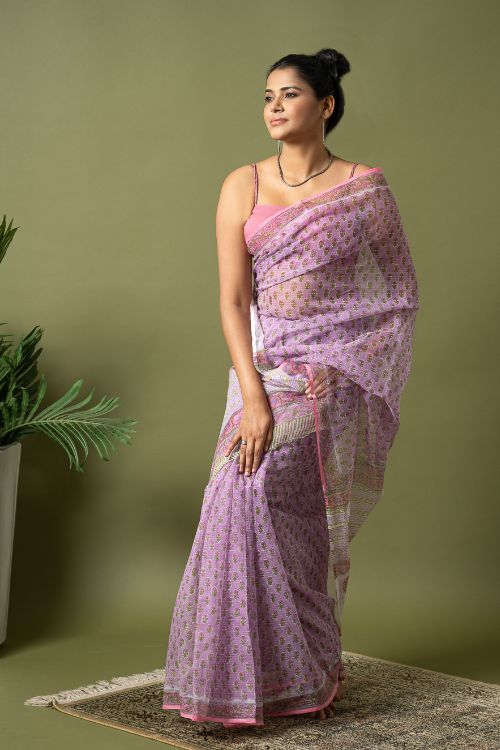 ICH Light & Breezy. Sanganeri Hand Block Printed Kota Doria - Mauve Flora