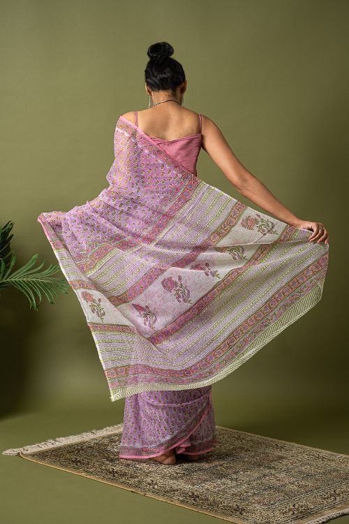 ICH Light & Breezy. Sanganeri Hand Block Printed Kota Doria - Mauve Flora