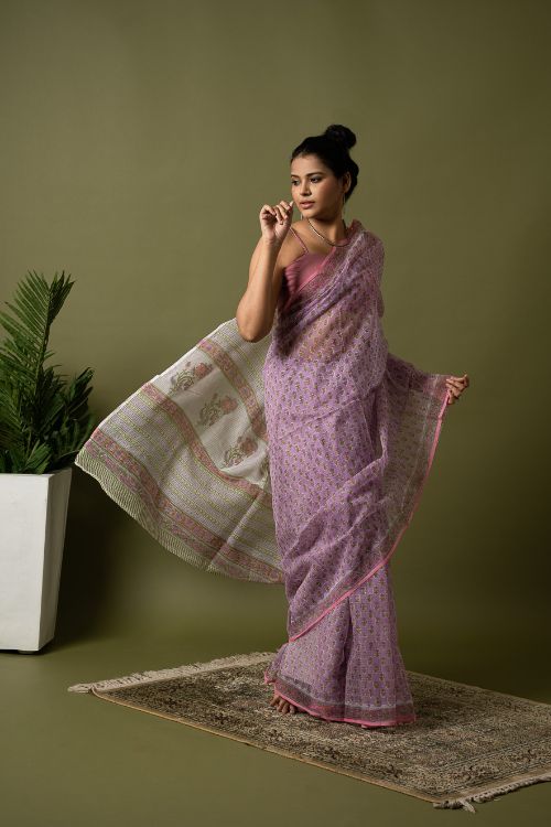 ICH Light & Breezy. Sanganeri Hand Block Printed Kota Doria - Mauve Flora