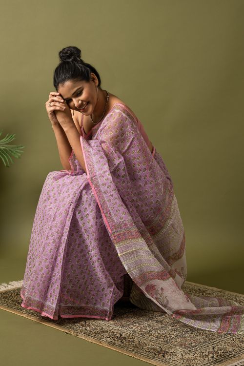 ICH Light & Breezy. Sanganeri Hand Block Printed Kota Doria - Mauve Flora