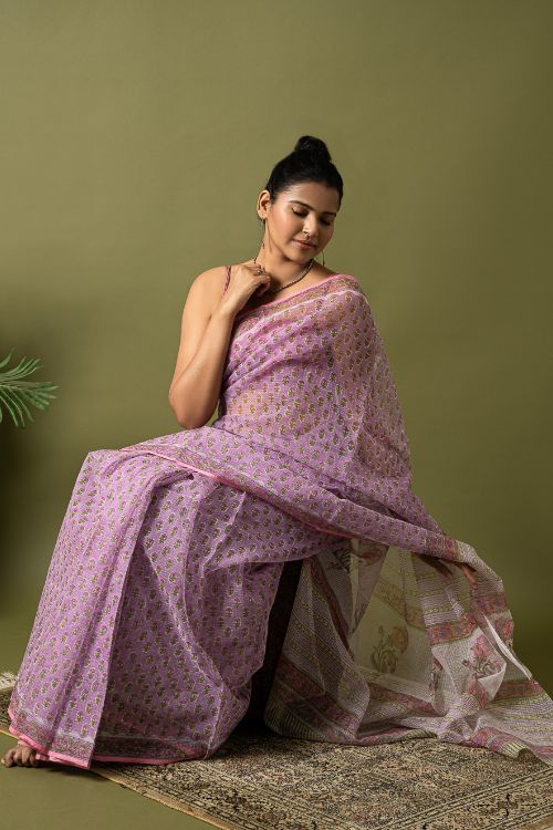 ICH Light & Breezy. Sanganeri Hand Block Printed Kota Doria - Mauve Flora