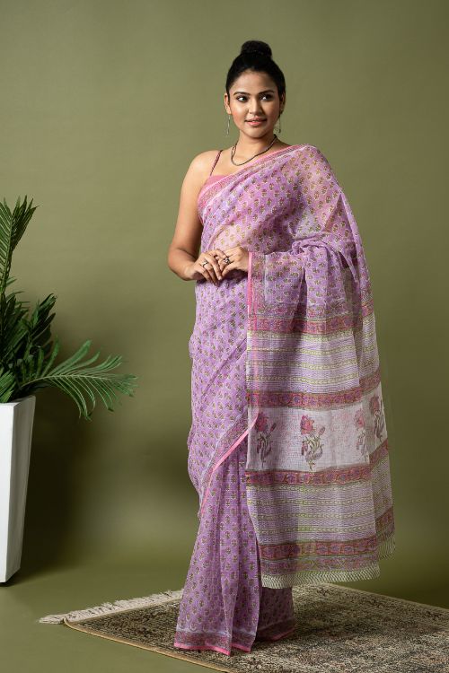 ICH Light & Breezy. Sanganeri Hand Block Printed Kota Doria - Mauve Flora