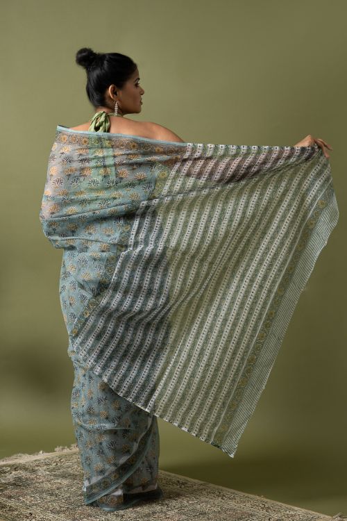 ICH Light & Breezy. Sanganeri Hand Block Printed Kota Doria - Teal Flora