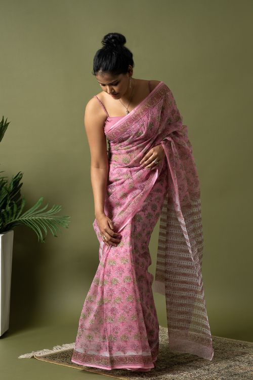ICH Light & Breezy. Sanganeri Hand Block Printed Kota Doria - Pink Flora