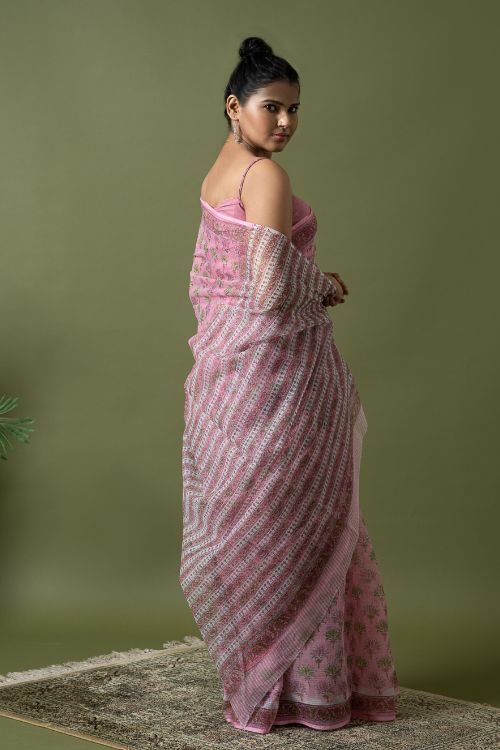 ICH Light & Breezy. Sanganeri Hand Block Printed Kota Doria - Pink Flora