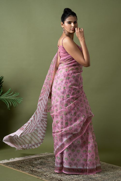 ICH Light & Breezy. Sanganeri Hand Block Printed Kota Doria - Pink Flora