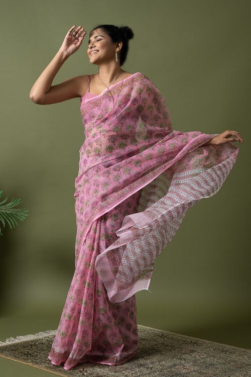 ICH Light & Breezy. Sanganeri Hand Block Printed Kota Doria - Pink Flora