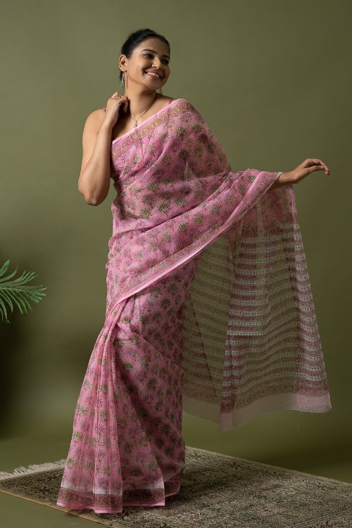 ICH Light & Breezy. Sanganeri Hand Block Printed Kota Doria - Pink Flora