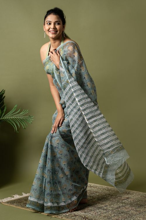 ICH Light & Breezy. Sanganeri Hand Block Printed Kota Doria - Teal Flora