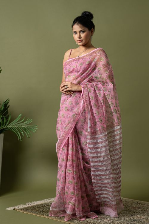 ICH Light & Breezy. Sanganeri Hand Block Printed Kota Doria - Pink Flora