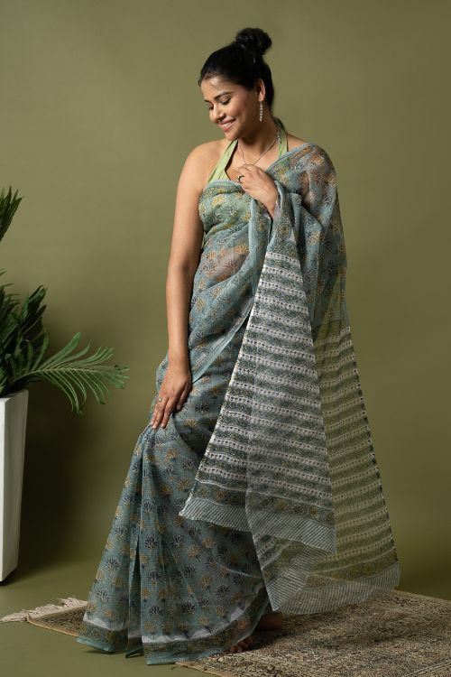 ICH Light & Breezy. Sanganeri Hand Block Printed Kota Doria - Teal Flora