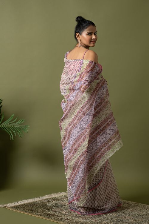 ICH Light & Breezy. Sanganeri Hand Block Printed Kota Doria - Pink Florets