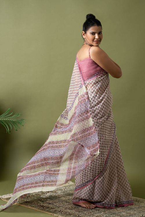 ICH Light & Breezy. Sanganeri Hand Block Printed Kota Doria - Pink Florets