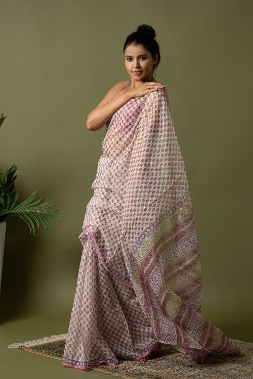 ICH Light & Breezy. Sanganeri Hand Block Printed Kota Doria - Pink Florets