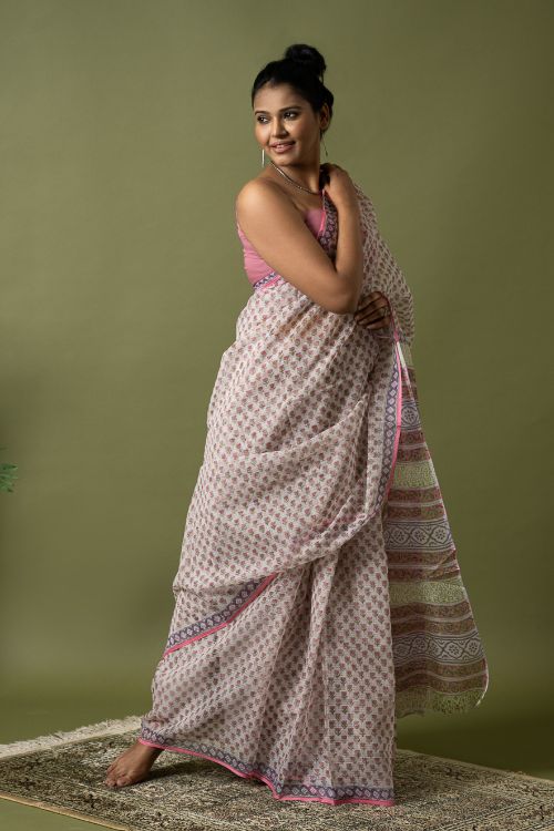 ICH Light & Breezy. Sanganeri Hand Block Printed Kota Doria - Pink Florets