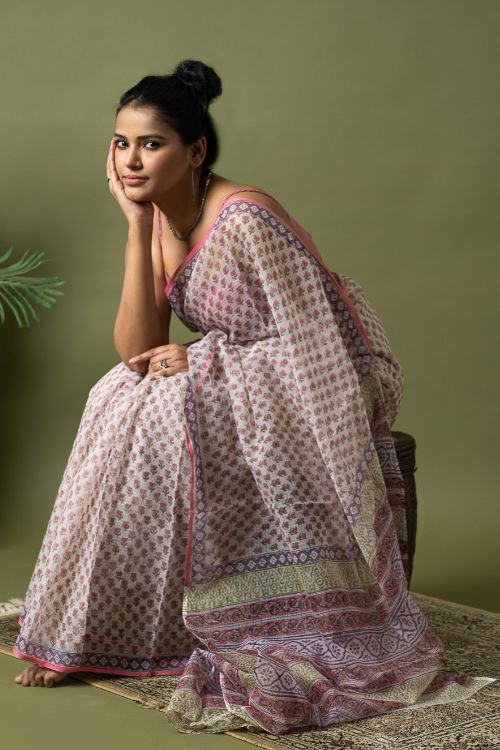ICH Light & Breezy. Sanganeri Hand Block Printed Kota Doria - Pink Florets