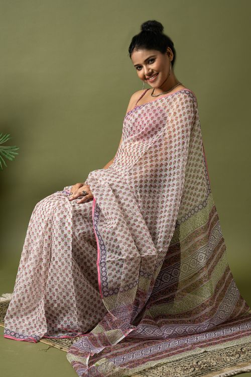 ICH Light & Breezy. Sanganeri Hand Block Printed Kota Doria - Pink Florets