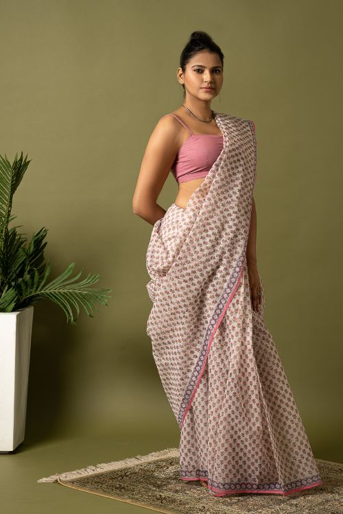 ICH Light & Breezy. Sanganeri Hand Block Printed Kota Doria - Pink Florets
