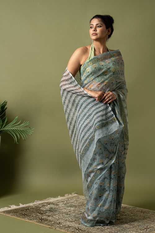 ICH Light & Breezy. Sanganeri Hand Block Printed Kota Doria - Teal Flora