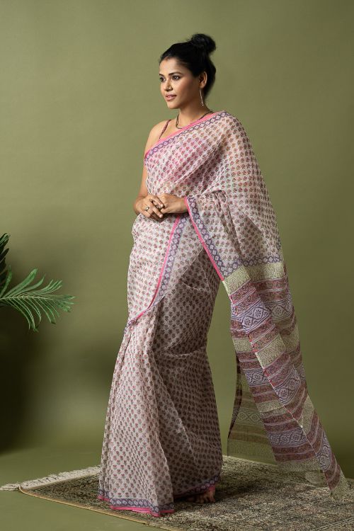 ICH Light & Breezy. Sanganeri Hand Block Printed Kota Doria - Pink Florets