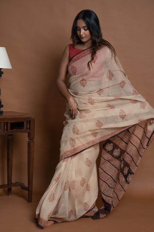 ICH Light & Breezy Bagru Hand Block Printed Kota Doria Saree - Beige Ornate