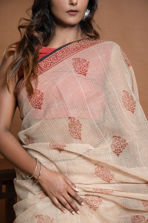ICH Light & Breezy Bagru Hand Block Printed Kota Doria Saree - Beige Ornate