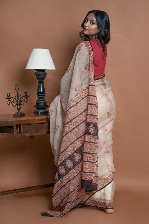 ICH Light & Breezy Bagru Hand Block Printed Kota Doria Saree - Beige Ornate