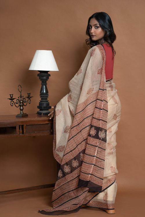 ICH Light & Breezy Bagru Hand Block Printed Kota Doria Saree - Beige Ornate