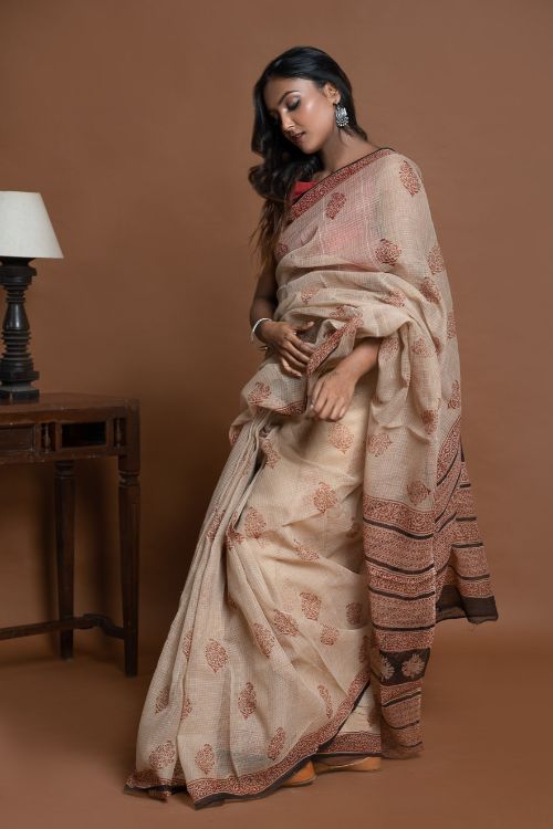 ICH Light & Breezy Bagru Hand Block Printed Kota Doria Saree - Beige Ornate
