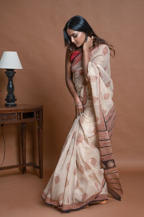 ICH Light & Breezy Bagru Hand Block Printed Kota Doria Saree - Beige Ornate