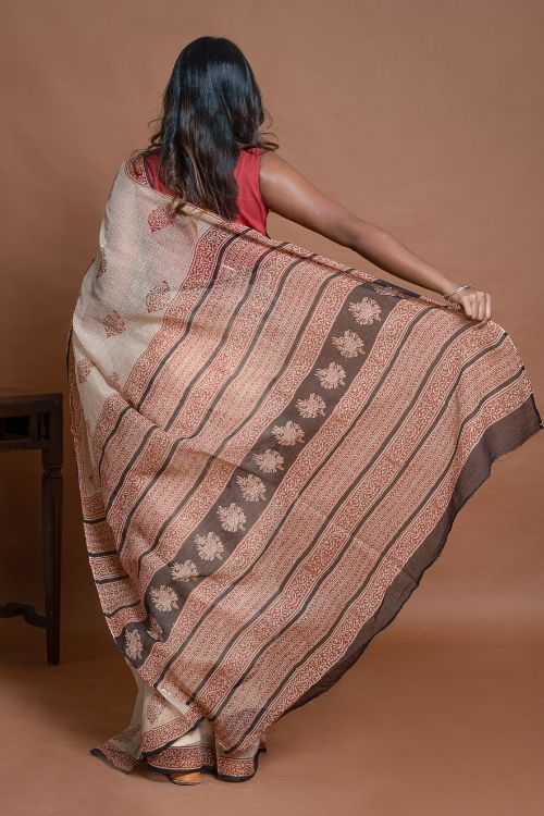 ICH Light & Breezy Bagru Hand Block Printed Kota Doria Saree - Beige Ornate