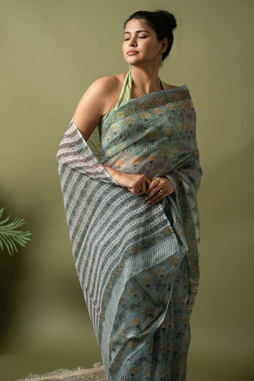 ICH Light & Breezy. Sanganeri Hand Block Printed Kota Doria - Teal Flora