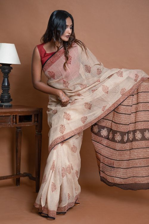 ICH Light & Breezy Bagru Hand Block Printed Kota Doria Saree - Beige Ornate