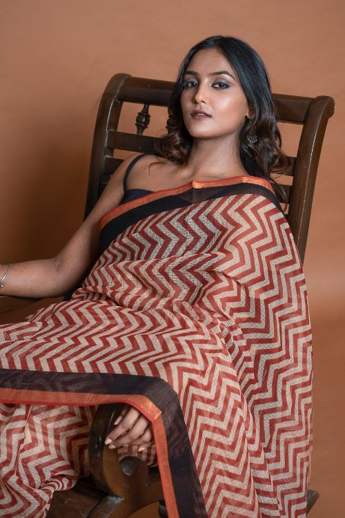 ICH Light & Breezy Bagru Hand Block Printed Kota Doria Saree - Red Zigzags