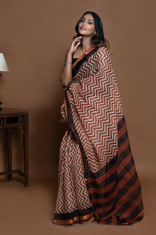 ICH Light & Breezy Bagru Hand Block Printed Kota Doria Saree - Red Zigzags