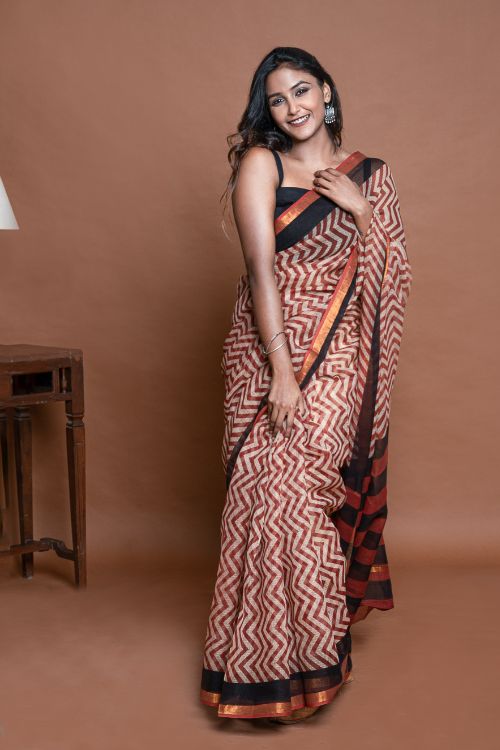 ICH Light & Breezy Bagru Hand Block Printed Kota Doria Saree - Red Zigzags