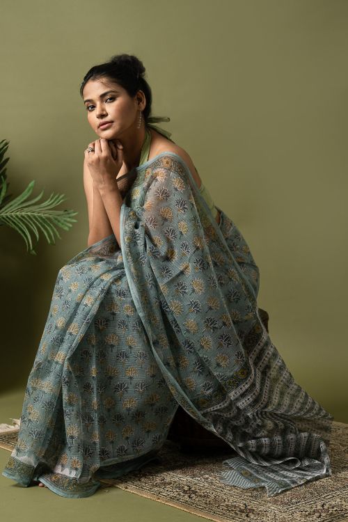 ICH Light & Breezy. Sanganeri Hand Block Printed Kota Doria - Teal Flora