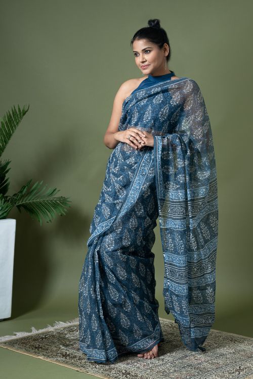 ICH Light & Breezy Dabu Hand Block Printed Kota Doria - Blue Ornate