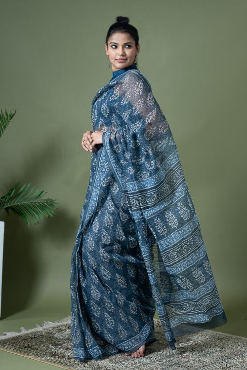 ICH Light & Breezy Dabu Hand Block Printed Kota Doria - Blue Ornate