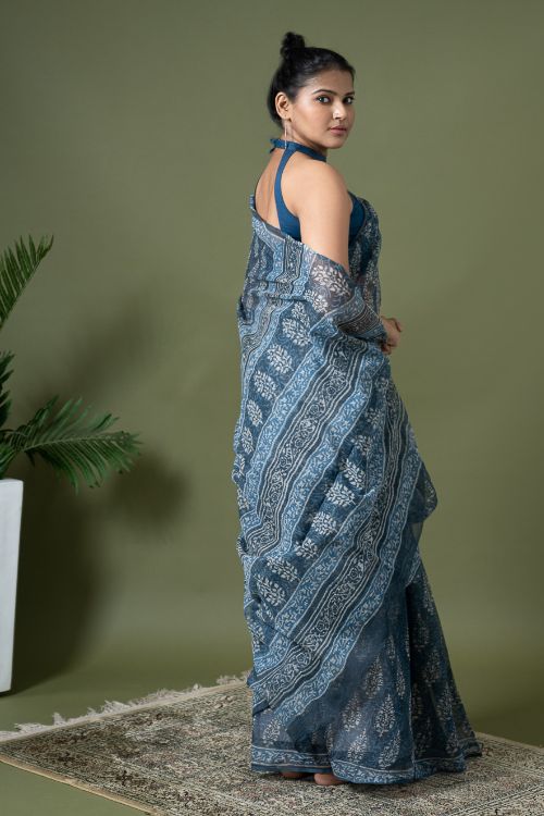 ICH Light & Breezy Dabu Hand Block Printed Kota Doria - Blue Ornate