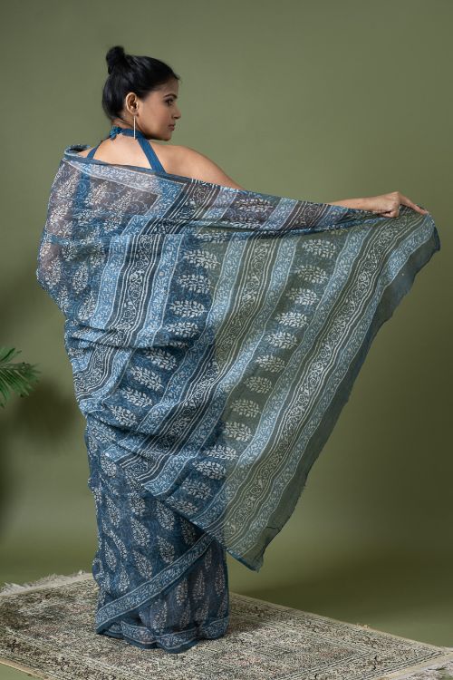 ICH Light & Breezy Dabu Hand Block Printed Kota Doria - Blue Ornate