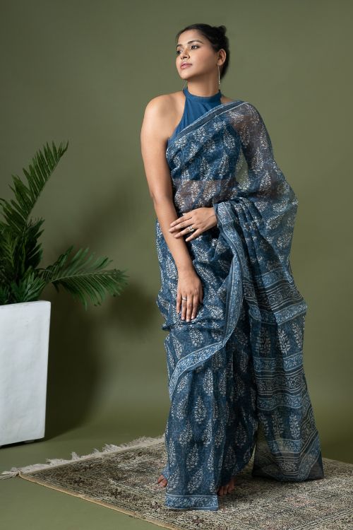 ICH Light & Breezy Dabu Hand Block Printed Kota Doria - Blue Ornate